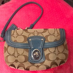 Coach brown, tan and blue wristlet